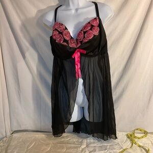 Cacique black open front babydoll underwire padded cups size 26/28